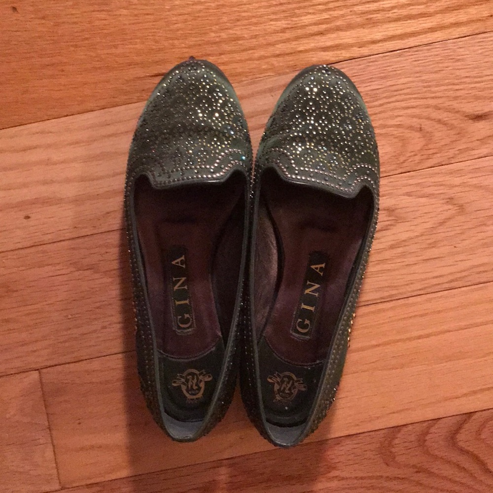 Gina (UK) Moss Green Satin Crystal Flats
